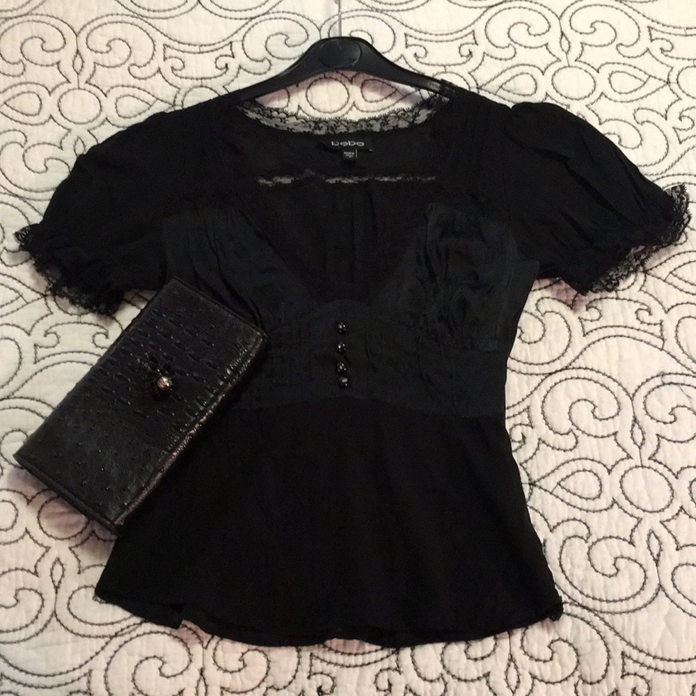 Bebe black semi-sheer v-neck fitted blouse. Sz S